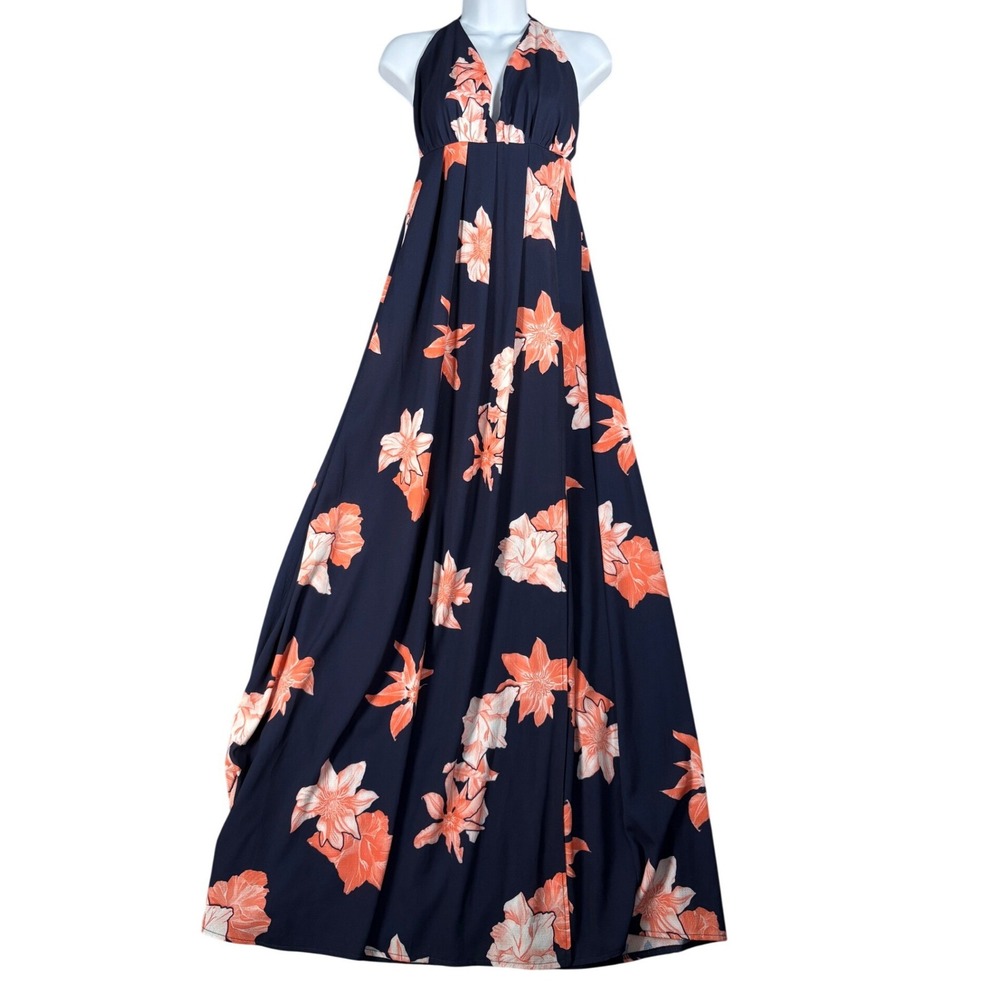 NWT L'ATISTE by Amy Halter Maxi Dress Size M Floral Navy Blue Pink Tie Neck Boho